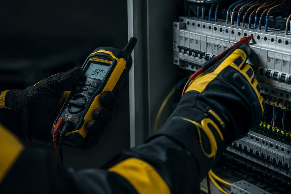 Elektriker mäter och testar en elcentral vid årlig säkerhetsgenomgång